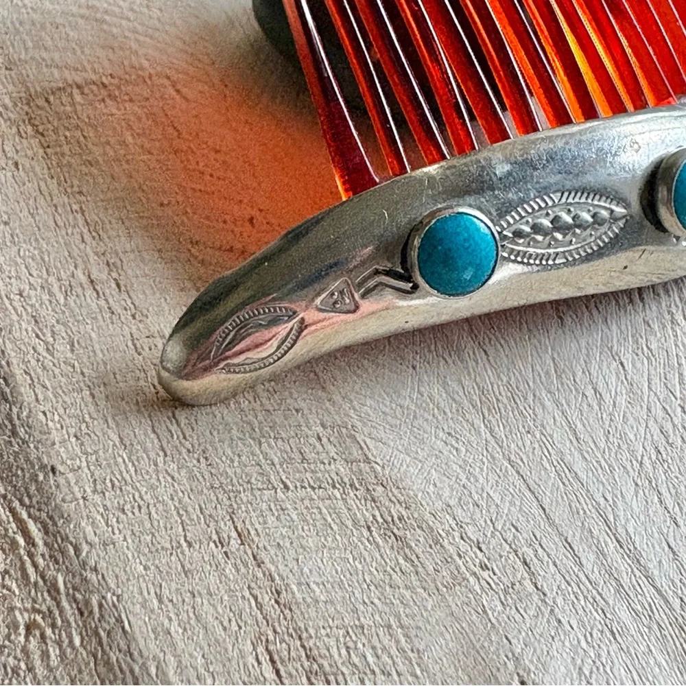Vintage Navajo Sterling Silver & Turquoise Hair Comb - Picture 7 of 9